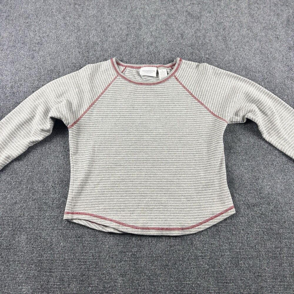 Liz Claiborne Shirt Womens Petite Small S Gray Stripe Red Stitch Raglan